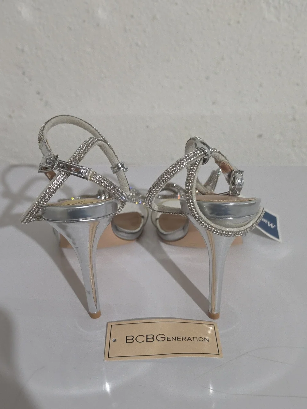 BCBGeneration Illara Silver Crystal Bow Ankle-Strap Heels